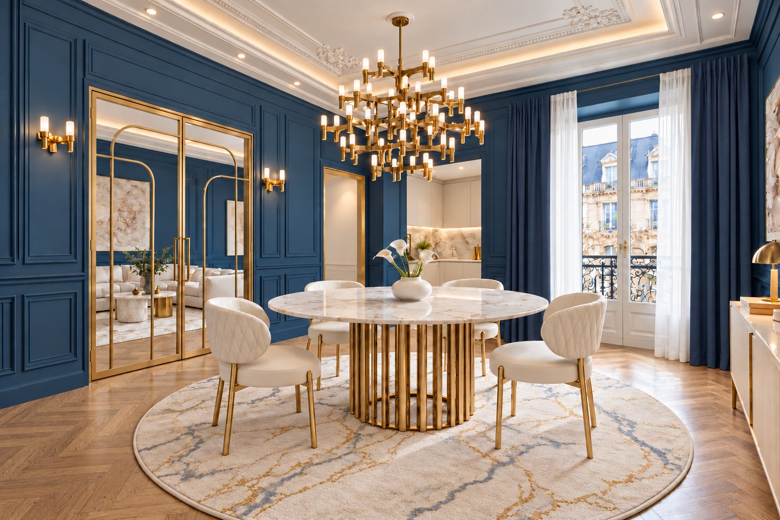 Salle à manger ronde bleu profond, vue d’ensemble avec miroirs et lustre laiton